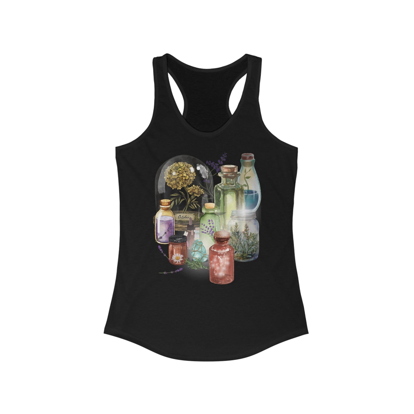 Witchy Botanical Racerback Tank, Nature-Inspired Tank Top, Ethereal Sleeveless Shirt, Herbal Apothecary Print Tee, Magical Elements Athletic